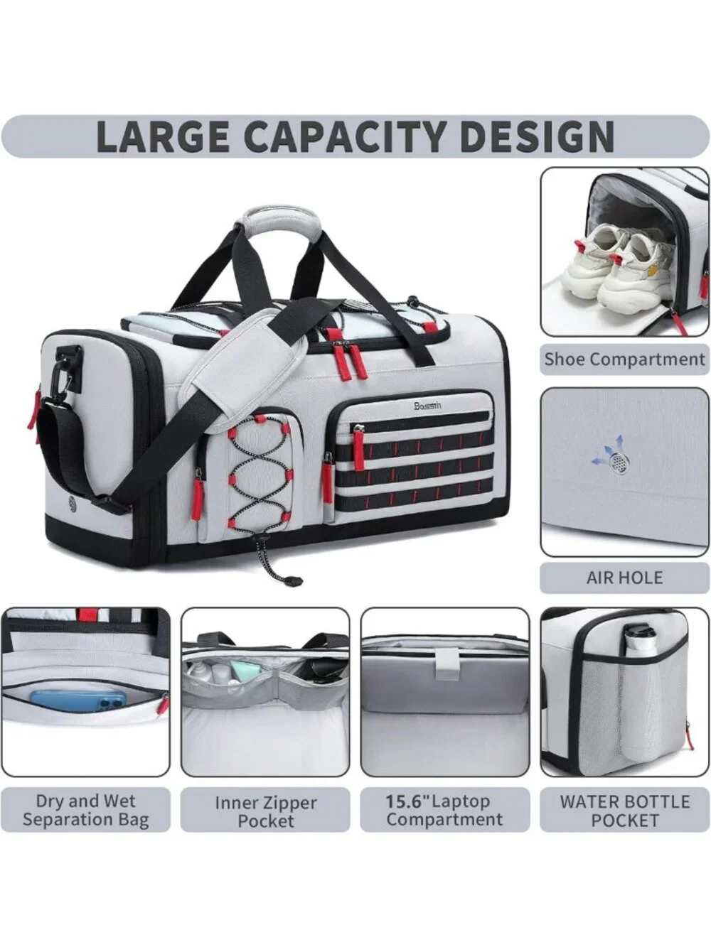 Expandable 45L-50L Sports Duffle Gym Bag for Men & Women - Versatile Travel Tote